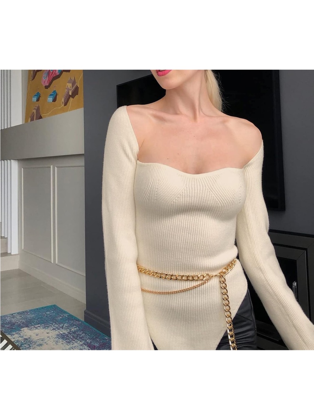Ribbed Sweetheart Neck Beige Long-Sleeve Sweater